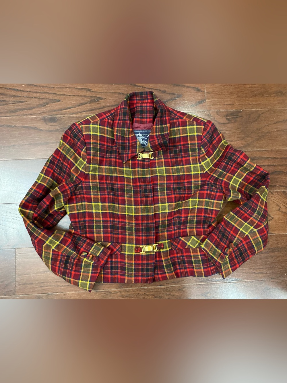 Burberry Red Tartan Plaid Crop Zip Wool Jacket 8P Vintage Clueless Academia